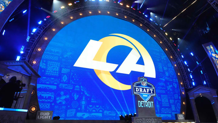 Apr 25, 2024; Detroit, MI, USA; A Los Angeles Rams logo at the 2024 NFL Draft at Campus Martius Park and Hart Plaza. Mandatory Credit: Kirby Lee-USA TODAY Sports