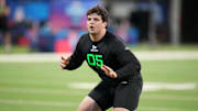 Mar 2, 2025; Indianapolis, IN, USA; LSU offensive lineman Will Campbell (OL05) during the 2025 NFL Scouting Combine at Lucas Oil Stadium. Mandatory Credit: Kirby Lee-Imagn Images