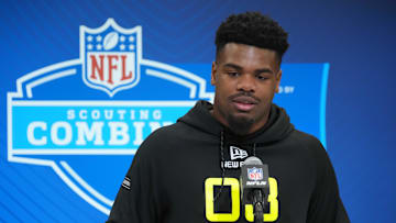 Feb 26, 2025; Indianapolis, IN, USA; Iowa linebacker Jay Higgins (LB08) during the 2025 NFL Scouting Combine at the Indiana Convention Center. Mandatory Credit: Kirby Lee-Imagn Images