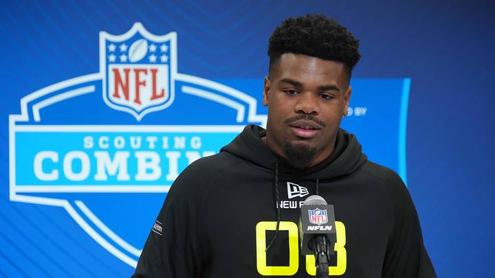 Feb 26, 2025; Indianapolis, IN, USA; Iowa linebacker Jay Higgins (LB08) during the 2025 NFL Scouting Combine at the Indiana Convention Center. Mandatory Credit: Kirby Lee-Imagn Images