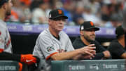 Jul 19, 2024; Denver, Colorado, USA; San Francisco Giants manager Bob Melvin (6) during the first inning against the Colorado Rockies at Coors Field. 