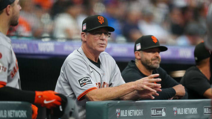 Jul 19, 2024; Denver, Colorado, USA; San Francisco Giants manager Bob Melvin (6) during the first inning against the Colorado Rockies at Coors Field. 