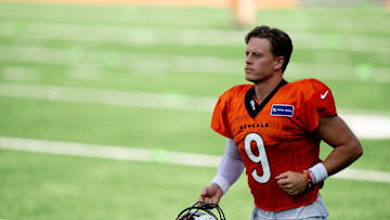 Cincinnati Bengals quarterback Joe Burrow (9) runs onto the field during Bengals Camp practice at Paycor Stadium in Cincinnati on Aug. 2, 2025.