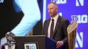 Jul 23, 2025; Las Vegas, NV, USA; Northwestern head coach David Braun speaks to the media during the Big Ten NCAA college football media days at Mandalay Bay Resort. Mandatory Credit: Lucas Peltier-Imagn Images