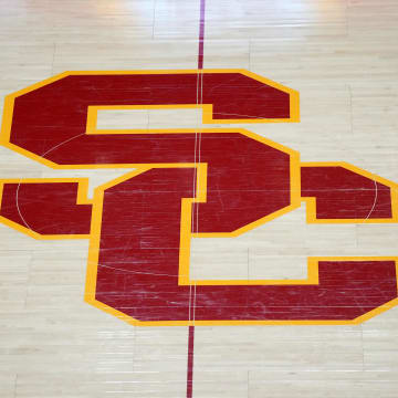 Nov 29, 2023; Los Angeles, California, USA The SC logo at midcourt during the game between the Southern California Trojans and the Eastern Washington Eagles at the Galen Center. Mandatory Credit: Kirby Lee-USA TODAY Sports