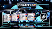 Jun 27, 2025; Los Angeles, California, USA; The draft board is seen following the first round of the 2025 NHL Draft at Peacock Theater. Mandatory Credit: Kirby Lee-Imagn Images