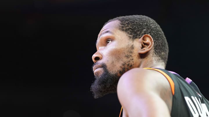 Phoenix Suns forward Kevin Durant (35) looks on against the Minnesota Timberwolves during the second half of game three of the first round for the 2024 NBA playoffs at Footprint Center. 