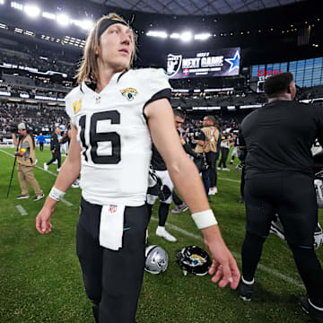 Nov 2, 2025; Paradise, Nevada, USA; Jacksonville Jaguars quarterback Trevor Lawrence (16) looks on after the win against the Las Vegas Raiders at Allegiant Stadium. Mandatory Credit: Kirby Lee-Imagn Images