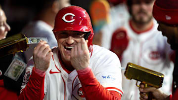 Cincinnati Reds designated hitter Austin Hays gestures after rounding the bases from his 3-run home run in the fifth inning of the MLB game between Cincinnati Reds and Seattle Mariners at Great American Ball Park in Cincinnati on Tuesday, April 15, 2025.