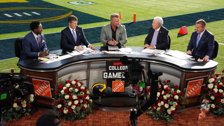 Jan 1, 2024; Pasadena, CA, USA; From left: Desmond Howard, Rece Davis, Pat McAfee, Lee Corso and Kirk Herbstreit on the ESPN College Gameday set at the 2024 Rose Bowl College Football Playoff semifinal game.