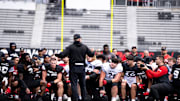 Cincinnati Bearcats head coach Scott Satterfield speaks to the team during the Cincinnati Bearcats football spring practice at Nippert Stadium on Saturday, April 12, 2025.