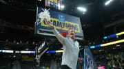 Mar 16, 2024; Las Vegas, NV, USA; Oregon Ducks head coach Dana Altman cuts down the net after the Pac-12 Championship game against the Colorado Buffaloes at T-Mobile Arena. Mandatory Credit: Kirby Lee-USA TODAY Sports