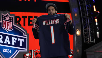 Apr 25, 2024; Detroit, MI, USA; Southern California Trojans quarterback Caleb Williams poses with