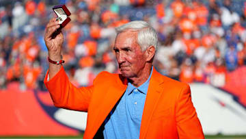 Oct 17, 2021; Denver, Colorado, USA; Former Denver Broncos head coach and Ring of Fame induction of Mike Shanahan during the game against the Las Vegas Raiders at Empower Field at Mile High. Mandatory Credit: Ron Chenoy-Imagn Images