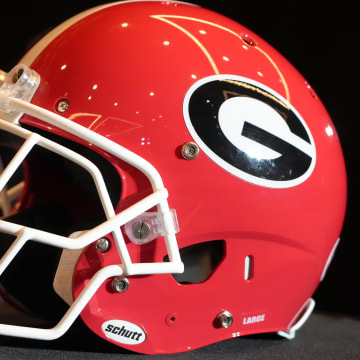 Jan 8, 2023; Los Angeles, CA, USA; A Georgia Bulldogs helmet at the 2023 CFP National Championship head coaches press conference at the Los Angeles Airport Marriott.