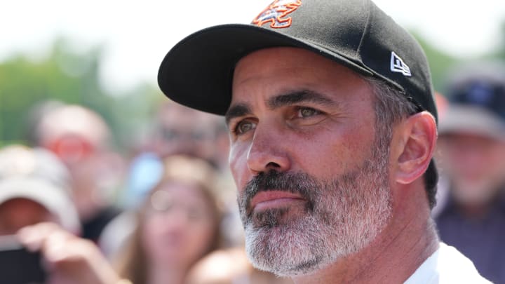 Aug 4, 2024; Cleveland Browns head coach Kevin Stefanski meets with the media before practice at the Browns training facility in Berea, Ohio. Mandatory Credit: Bob Donnan-USA TODAY Sports