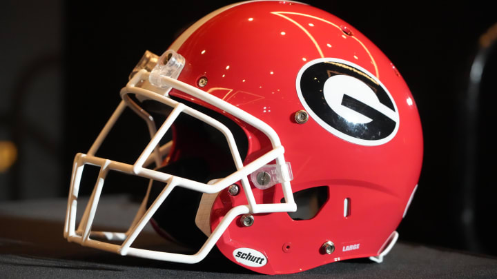 Jan 8, 2023; Los Angeles, CA, USA; A Georgia Bulldogs helmet at the 2023 CFP National Championship head coaches press conference at the Los Angeles Airport Marriott.