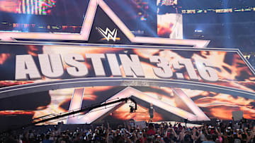 Stone Cold Steve Austin enters the arena during WrestleMania at AT&T Stadium. 