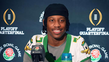 Dec 30, 2024; Los Angeles, CA, USA; Oregon Ducks defensive back Jabbar Muhammad (7) during Rose Bowl media day at Sheraton Grand LA. Mandatory Credit: Kirby Lee-Imagn Images