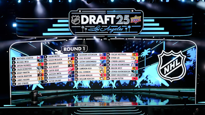 Jun 27, 2025; Los Angeles, California, USA; The draft board is seen following the first round of the 2025 NHL Draft at Peacock Theater. 