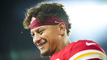Oct 7, 2024; Kansas City, Missouri, USA; Kansas City Chiefs quarterback Patrick Mahomes (15) is interviewed after defeating the New Orleans Saints at GEHA Field at Arrowhead Stadium. Mandatory Credit: Jay Biggerstaff-Imagn Images