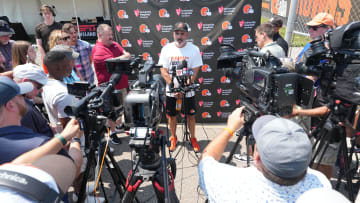 Aug 4, 2024; Cleveland Browns head coach Kevin Stefanski meets with the media before practice at the Browns training facility in Berea, Ohio.