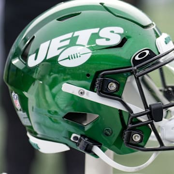 Aug 12, 2023; Charlotte, North Carolina, USA; New York Jets helmet during the second quarter against the Carolina Panthers at Bank of America Stadium. Mandatory Credit: Jim Dedmon-Imagn Images