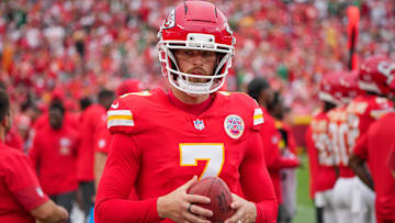 Kansas City Chiefs place kicker Harrison Butker (7) on the sidelines against the Philadelphia Eagles during the game at GEHA Field at Arrowhead Stadium.