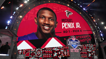 Apr 25, 2024; Detroit, MI, USA; Washington Huskies quarterback Michael Penix Jr. is selected as the No. 8 pick in the first round by Atlanta Falcons during the 2024 NFL Draft at Campus Martius Park and Hart Plaza. Mandatory Credit: Kirby Lee-Imagn Images