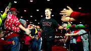 Cincinnati Reds shortstop Matt McLain (9) greets fans during the Cincinnati Reds Redsfest at Duke Energy Convention Center in Cincinnati on Friday, Dec. 1, 2023.