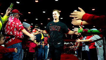 Cincinnati Reds shortstop Matt McLain (9) greets fans during the Cincinnati Reds Redsfest at Duke Energy Convention Center in Cincinnati on Friday, Dec. 1, 2023.