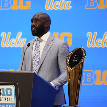 Jul 24, 2025; Las Vegas, NV, USA; UCLA head coach DeShaun Foster speaks to the media during the Big Ten NCAA college football media days at Mandalay Bay Resort. Mandatory Credit: Lucas Peltier-Imagn Images