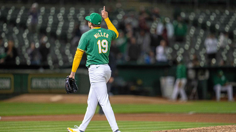 Apr 30, 2024; Oakland, California, USA;  Oakland Athletics pitcher Mason Miller (19) celebrates