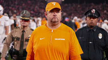 Nov 16, 2024; Athens, Georgia, USA; Tennessee Volunteers head coach Josh Heupel shown walking off the field after the game against the Georgia Bulldogs at Sanford Stadium. Mandatory Credit: Dale Zanine-Imagn Images