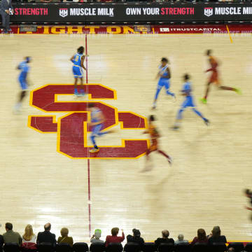 Jan 27, 2024; Los Angeles, California, USA; The SC logo at center court during the game between the Southern California Trojans and the UCLA Bruins at the Galen Center. Mandatory Credit: Kirby Lee-USA TODAY Sports