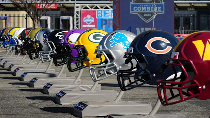 Feb 28, 2024; Indianapolis, IN, USA; A general view of large Chicago Bears, Detroit Lions and Green Bay Packers helmets at the NFL Scouting Combine Experience at Lucas Oil Stadium. Mandatory Credit: Kirby Lee-Imagn Images