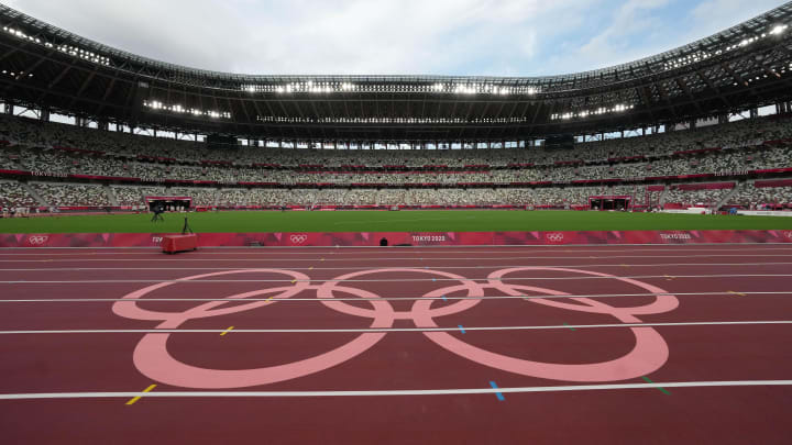 Jul 29, 2021; Tokyo, Japan; A general overall view of the Olympic rings on the track at New National Stadium, the venue for track and field and opening and closing ceremonies during the Tokyo 2020 Olympic Summer Games. Mandatory Credit: Kirby Lee-USA TODAY Sports
