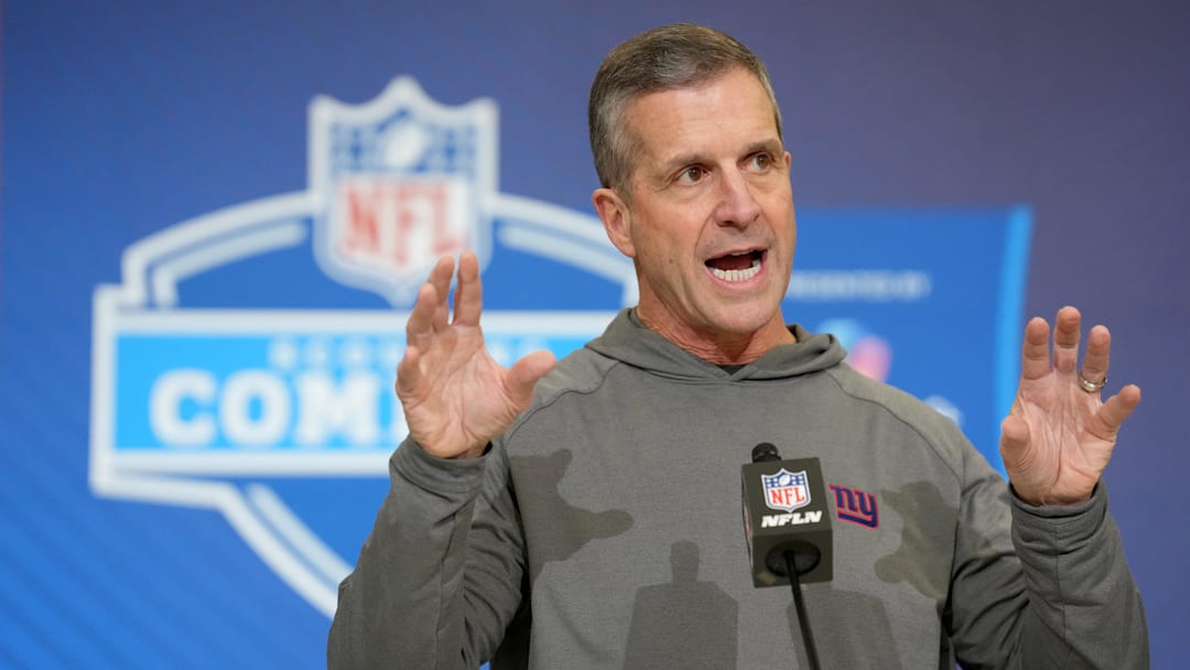 Feb 24, 2026; Indianapolis, IN, USA; New York Giants coach John Harbaugh speaks at the NFL Scouting Combine at the Indiana Convention Center.  