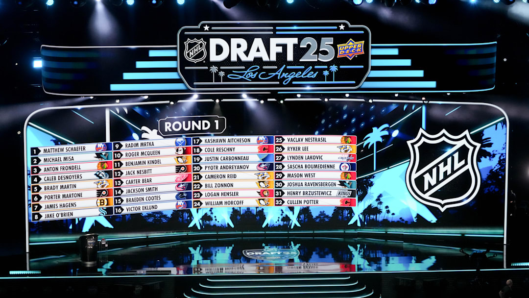 Jun 27, 2025; Los Angeles, California, USA; The draft board is seen following the first round of the 2025 NHL Draft at Peacock Theater. Mandatory Credit: Kirby Lee-Imagn Images