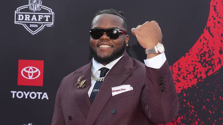 Apr 23, 2026; Pittsburgh, PA, USA; Ohio State Buckeyes defensive tackle Kayden McDonald poses on the red carpet before the 2026 NFL Draft at Point State Park. 