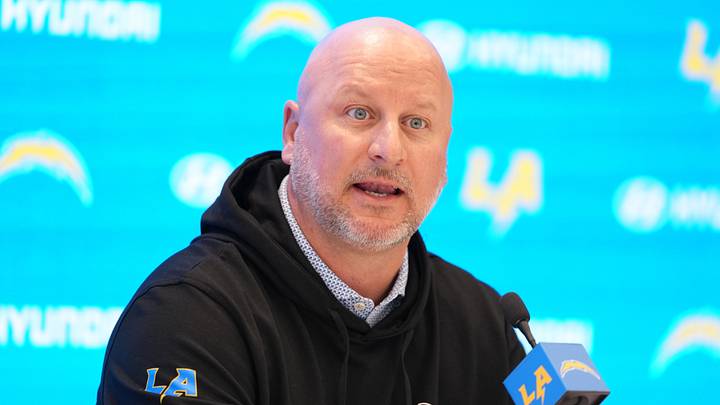 Apr 17, 2025; El Segundo, CA, USA; Los Angeles Chargers general manager Joe Hortiz at press conference at The Bolt. Mandatory Credit: Kirby Lee-Imagn Images