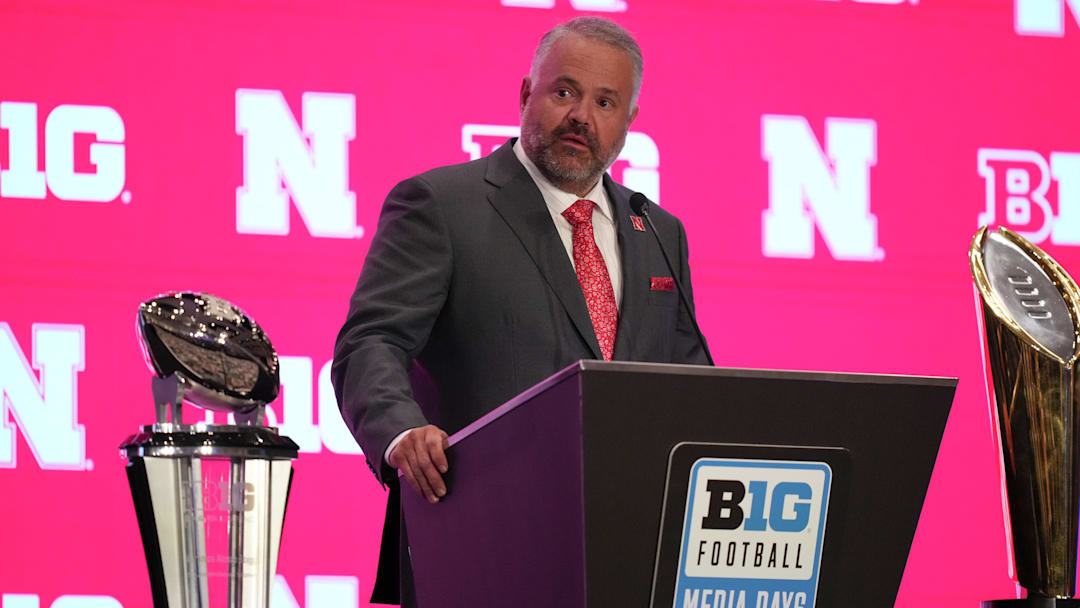 Jul 22, 2025; Las Vegas, NV, USA; Nebraska head coach Matt Rhule speaks to the media during the Big Ten NCAA college football media days at Mandalay Bay Resort. Mandatory Credit: Lucas Peltier-Imagn Images