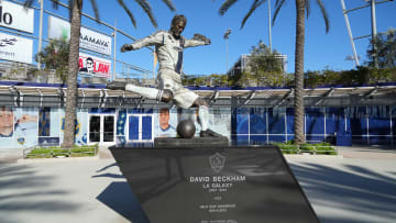 A statue of Inter Miami owner David Beckham, whose arrival at L.A. Galaxy changed Major League Soccer, outside the L.A. Galaxy’s stadium.