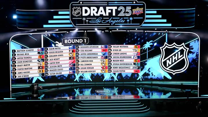 Jun 27, 2025; Los Angeles, California, USA; The draft board is seen following the first round of the 2025 NHL Draft at Peacock Theater. Mandatory Credit: Kirby Lee-Imagn Images