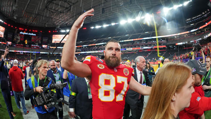 Feb 11, 2024; Paradise, Nevada, USA; Kansas City Chiefs tight end Travis Kelce (87) celebrates after winning Super Bowl LVIII against the San Francisco 49ers at Allegiant Stadium. Mandatory Credit: Kirby Lee-USA TODAY Sports