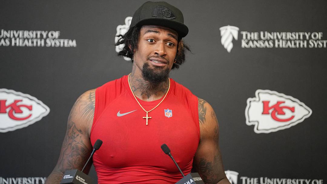 Jun 9, 2026; Kansas City, MO, USA; Kansas City Chiefs tackle Josh Simmons (71) speaks to media members during a short press conference after the Kansas City Chiefs mandatory mini-camp. Mandatory Credit: Denny Medley-Imagn Images