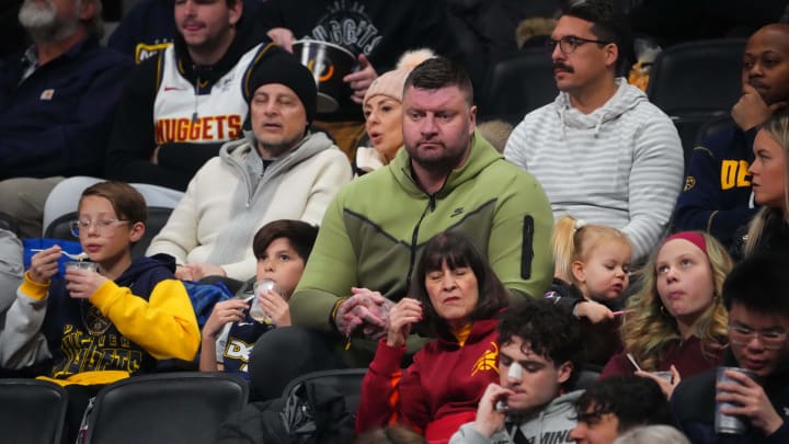 Jan 14, 2024; Denver, Colorado, USA; Strahinja Jokic the brother of Denver Nuggets center Nikola Jokic watches the game against the Indiana Pacers at Ball Arena. 