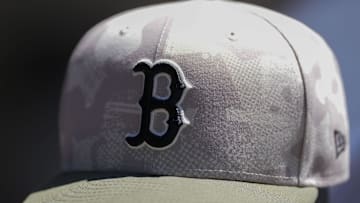 May 26, 2025; Milwaukee, Wisconsin, USA;  General view of a Boston Red Sox hat during warmups prior the game against the Milwaukee Brewers at American Family Field. 