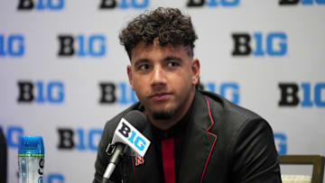 Jul 22, 2025; Las Vegas, NV, USA; Nebraska quarterback Dylan Raiola speaks to the media during the Big Ten NCAA college football media days at Mandalay Bay Resort.