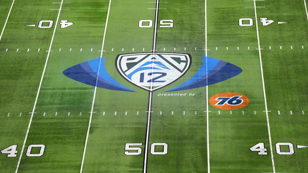 Dec 1, 2023; Las Vegas, NV, USA; The Pac-12 Conference logo at midfield at Allegiant Stadium. 